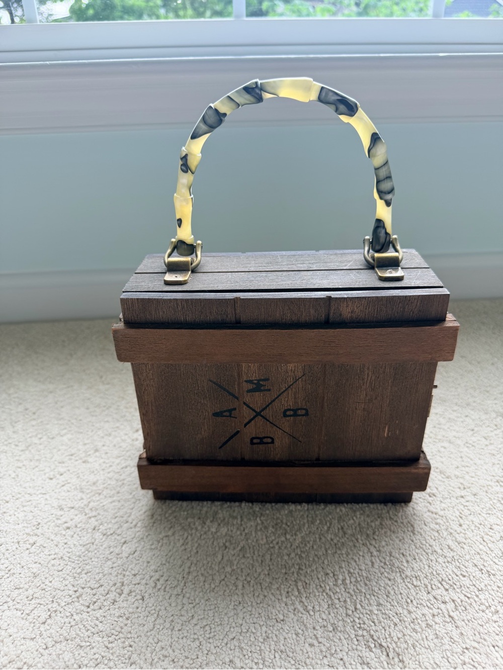 Rare & Unique Black Market Wood Box Handbag with Yellow Marbled Handle